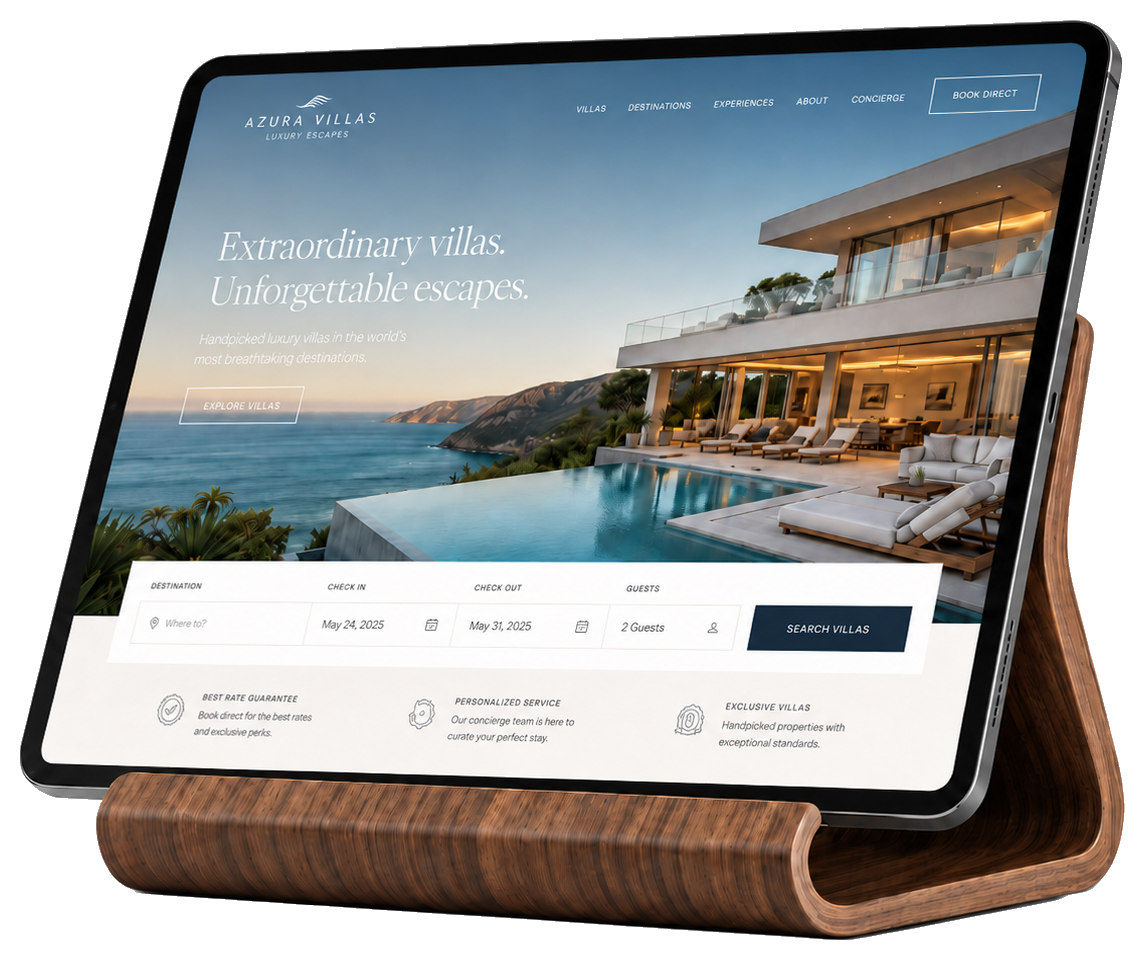 Sea Breeze Villa website shown on a tablet resting on a wooden stand